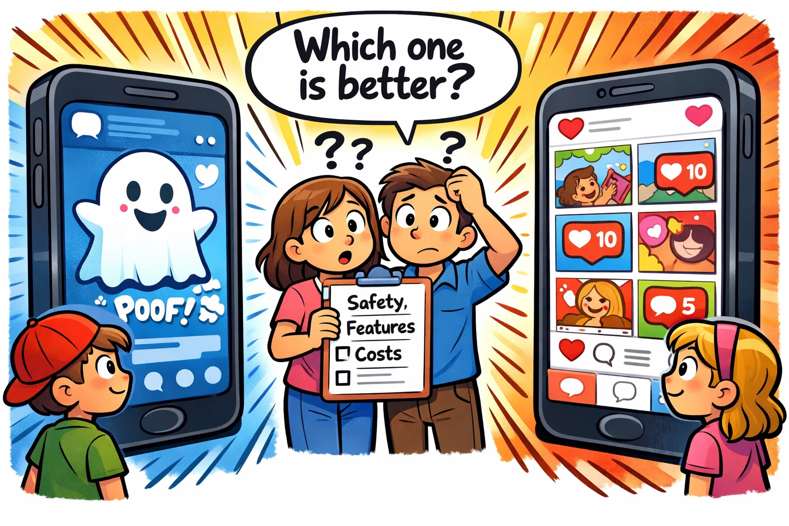 Snapchat vs Instagram kids safety comparison 2026 with parents reviewing features and controls.