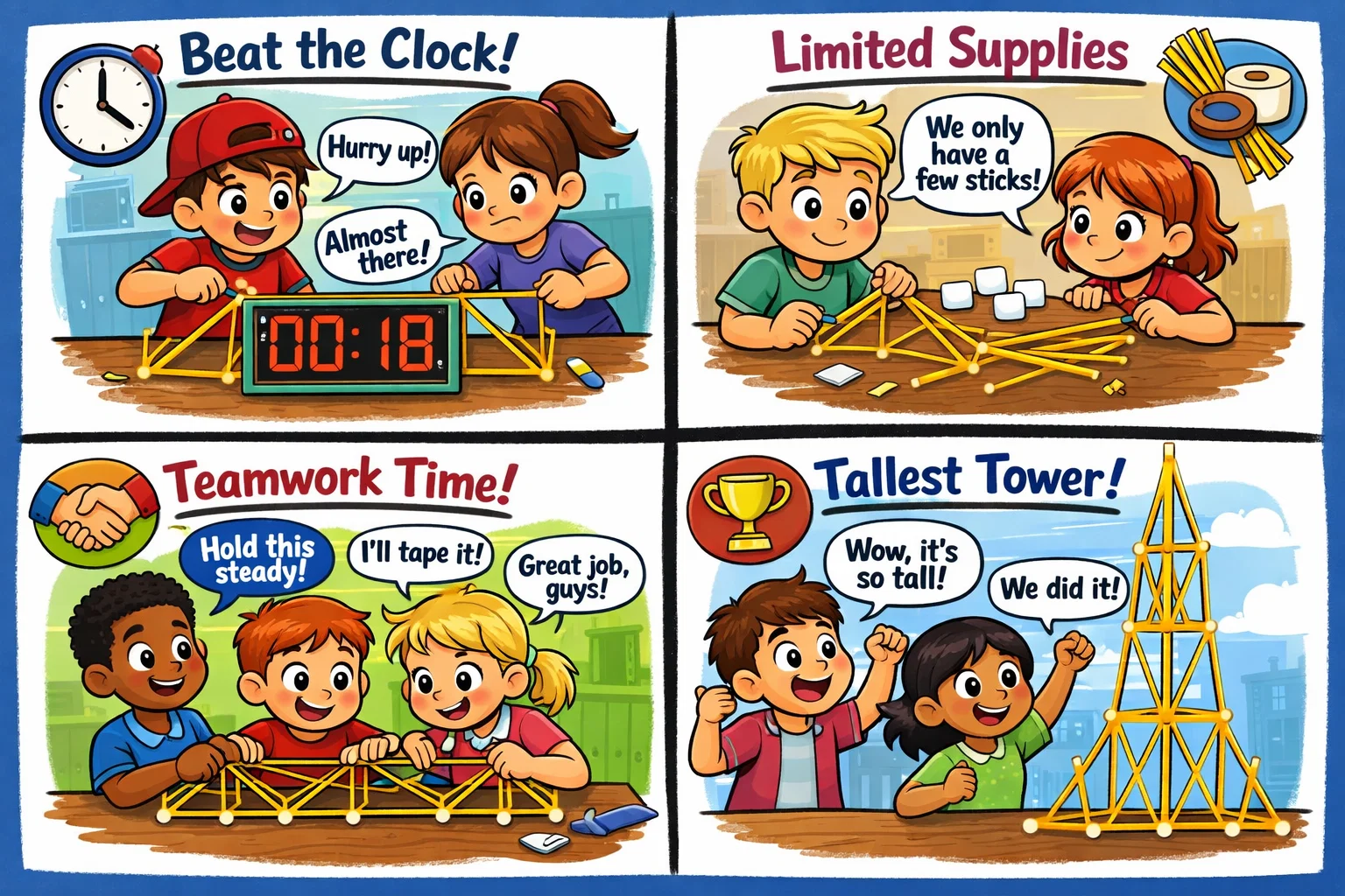 Spaghetti bridge challenge variations showing different difficulty levels for kids.