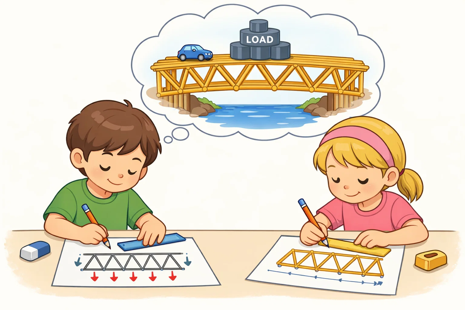Spaghetti bridge design planning with kids drawing bridge structures and load distribution.