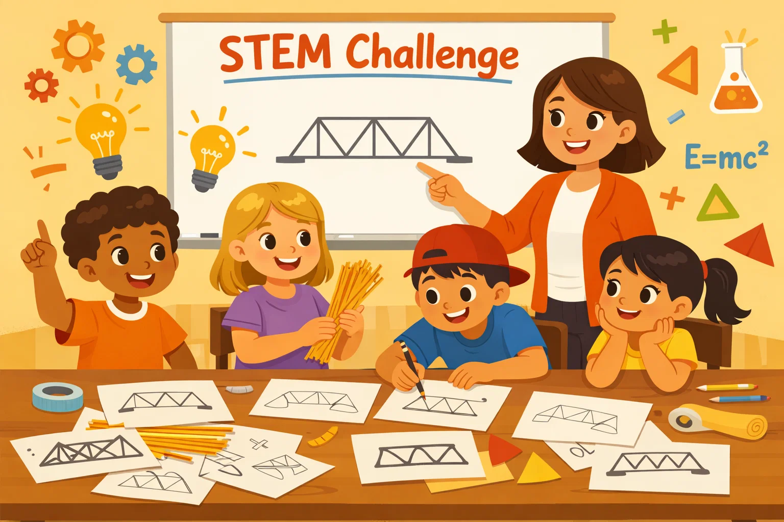 Spaghetti bridge STEM challenge overview showing kids learning engineering through bridge building.