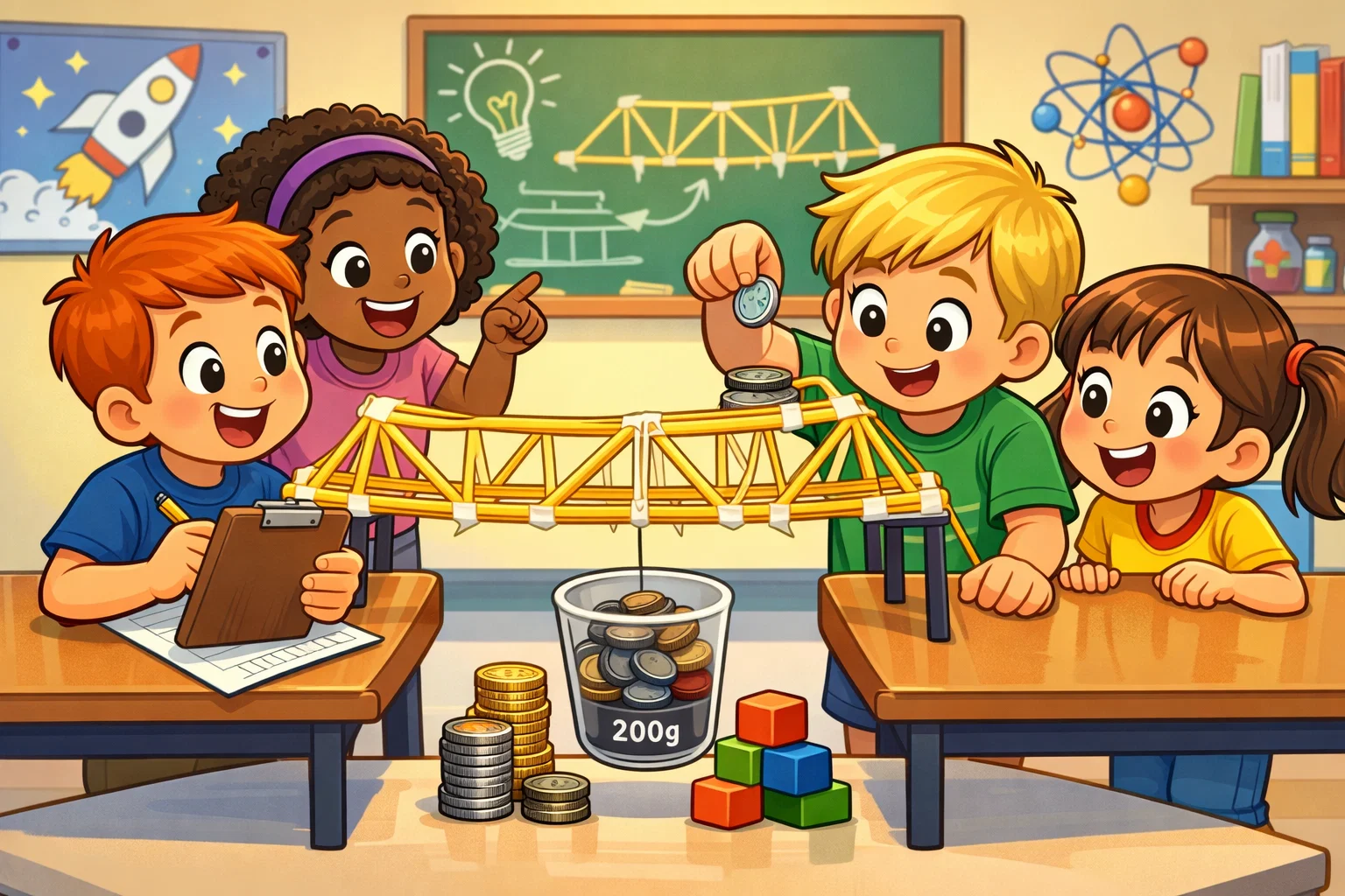 Kids performing spaghetti bridge weight test and checking how much weight bridge can hold.