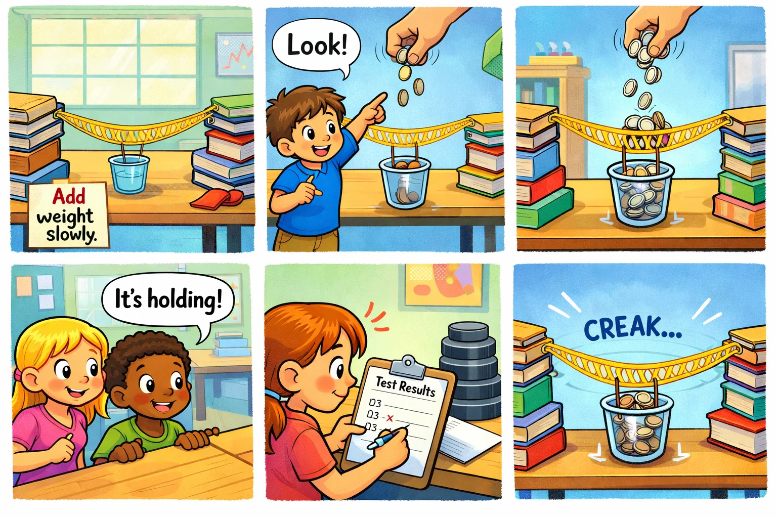 Spaghetti bridge weight test procedure showing gradual load testing and observation.