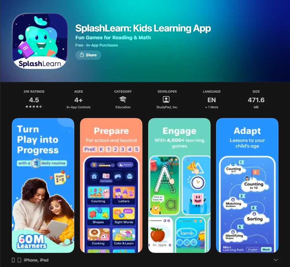 Screenshot of Splashlearn App
