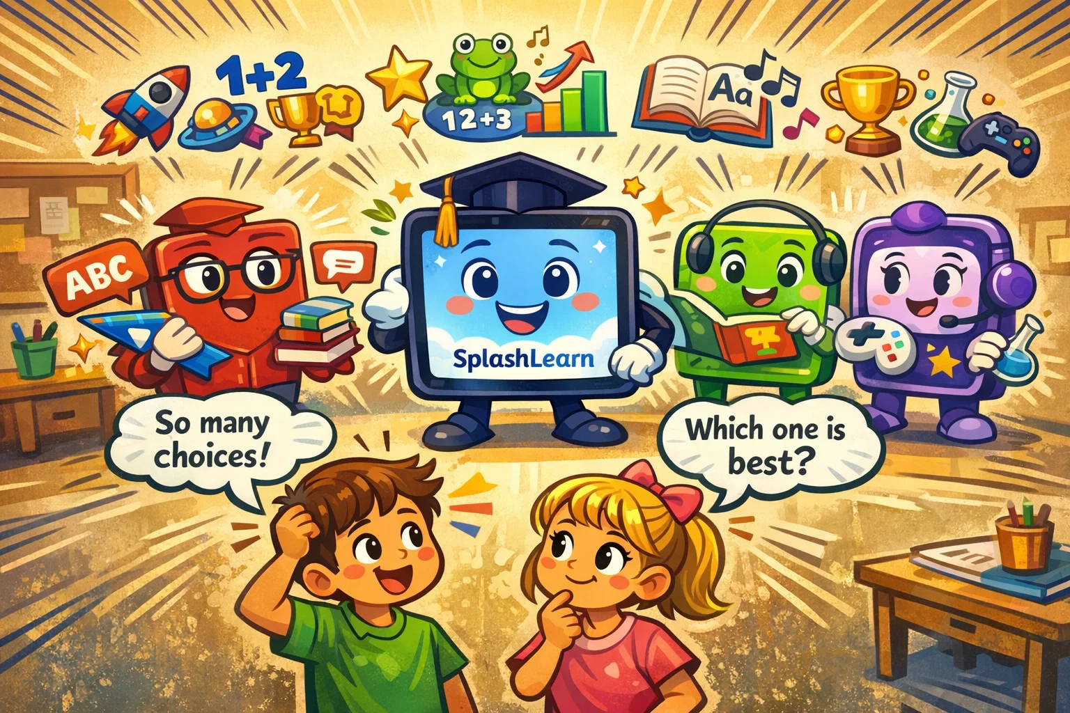 SplashLearn compared with similar learning platforms for kids in colorful app comparison.
