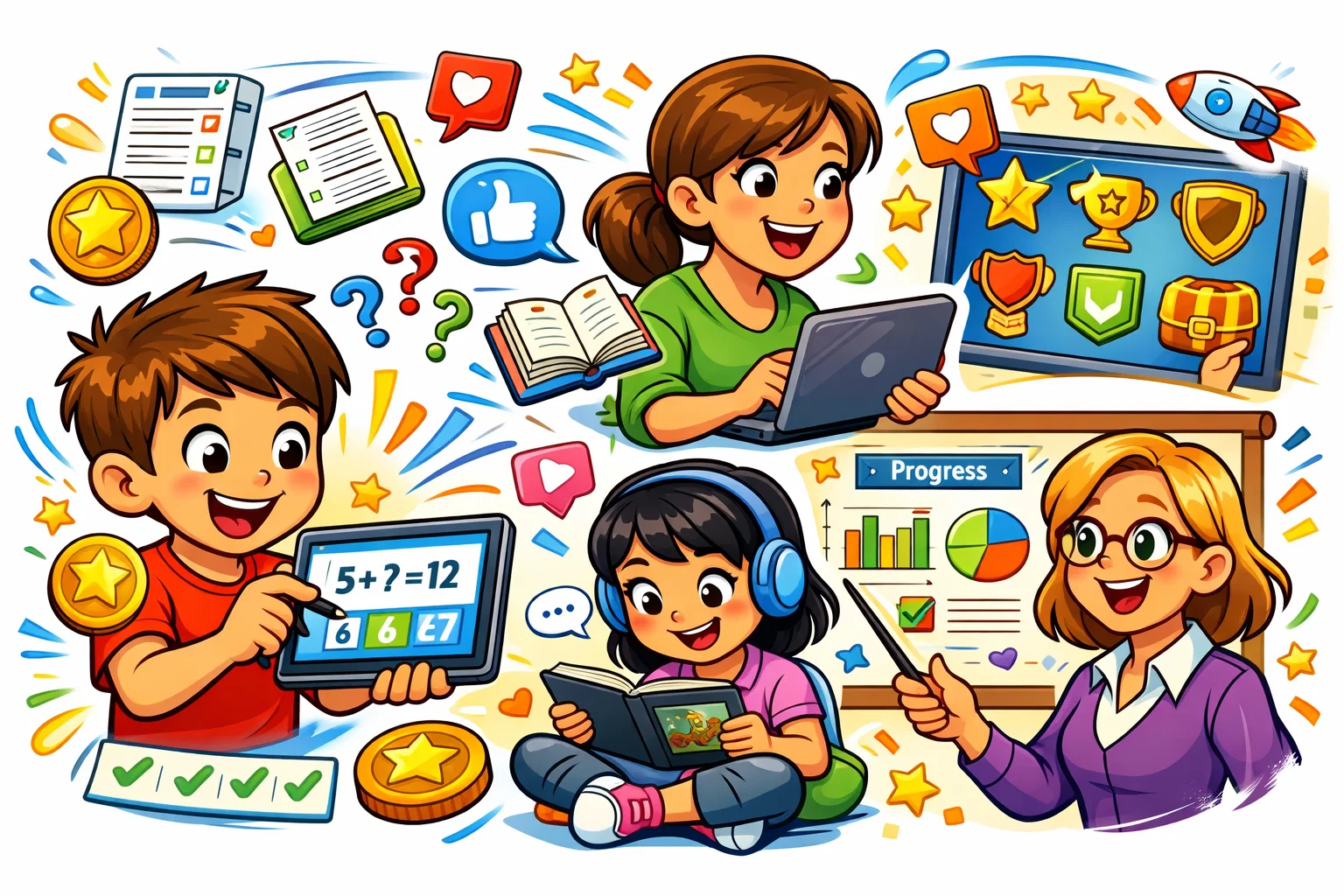 SplashLearn core features and functionality for kids with games, reading, and tracking.
