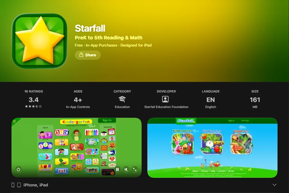 Starfall App Screenshot. 
