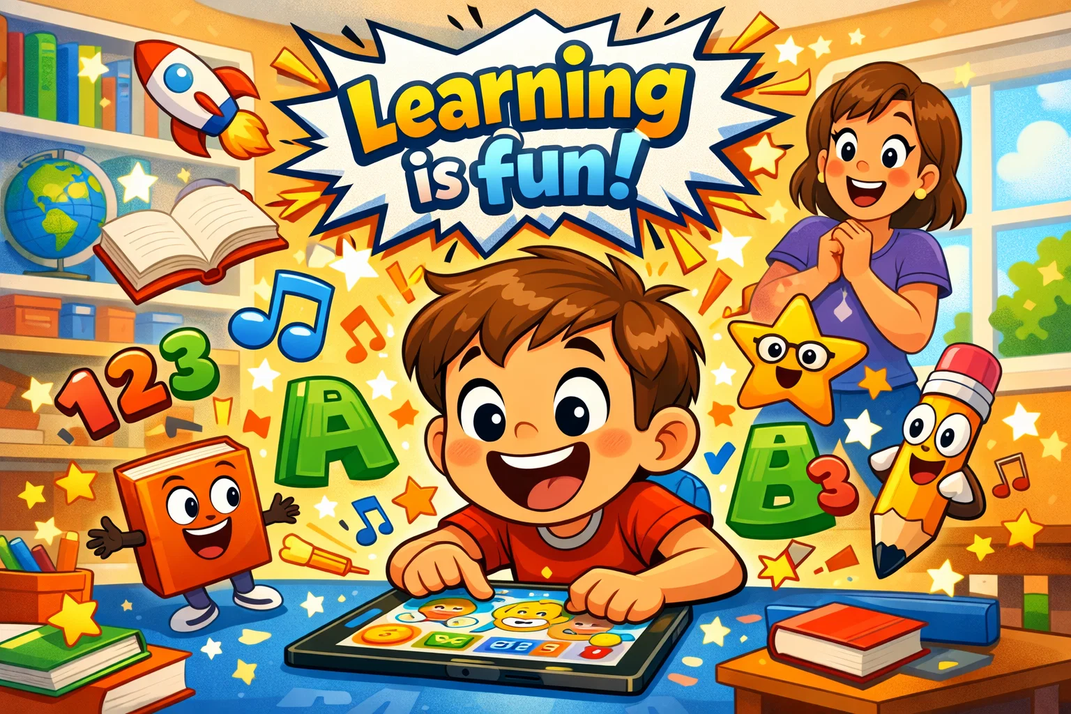  Starfall kids love learning image with playful reading activities and happy child.
