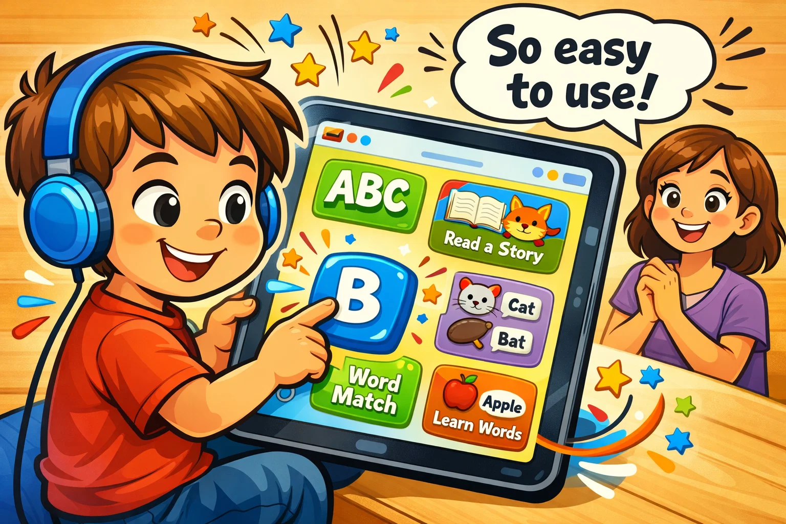 Starfall learning experience usability image with child using simple reading app.
