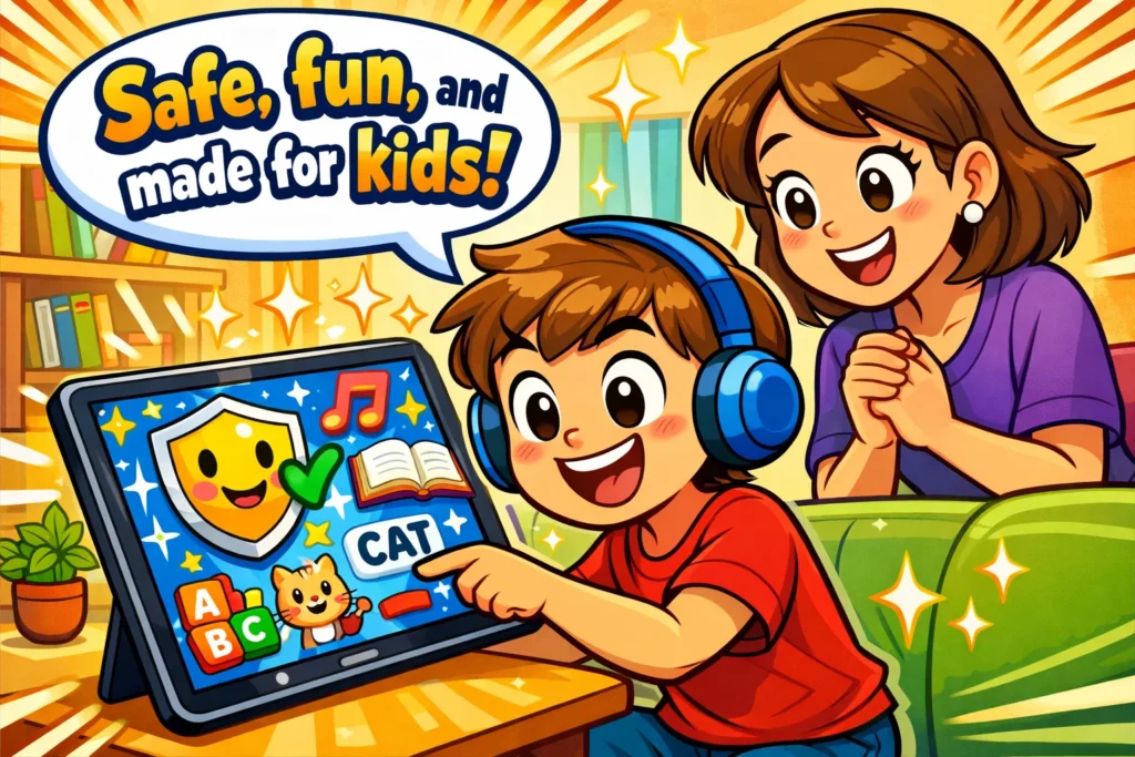 Starfall review safe for kids image with child using fun learning app at home.