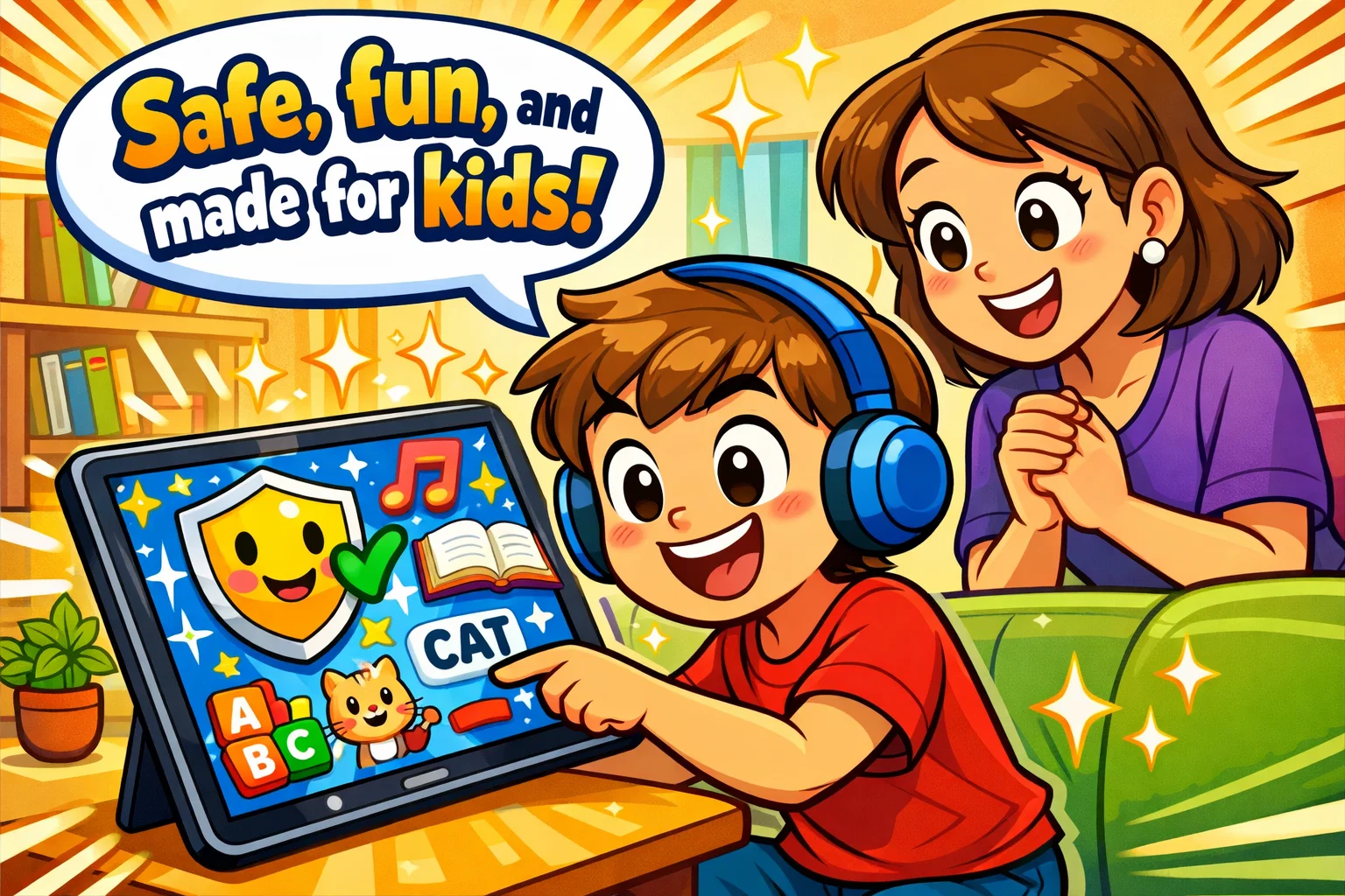 Starfall review safe for kids image with child using fun learning app at home.