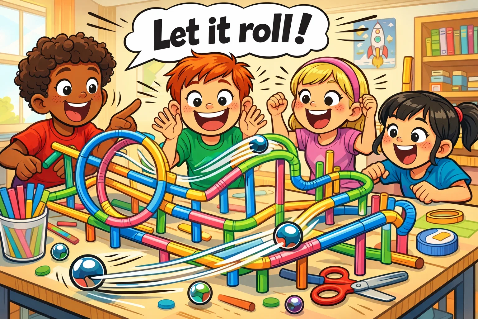 Straw roller coaster challenge for kids with marbles and colorful straw tracks.