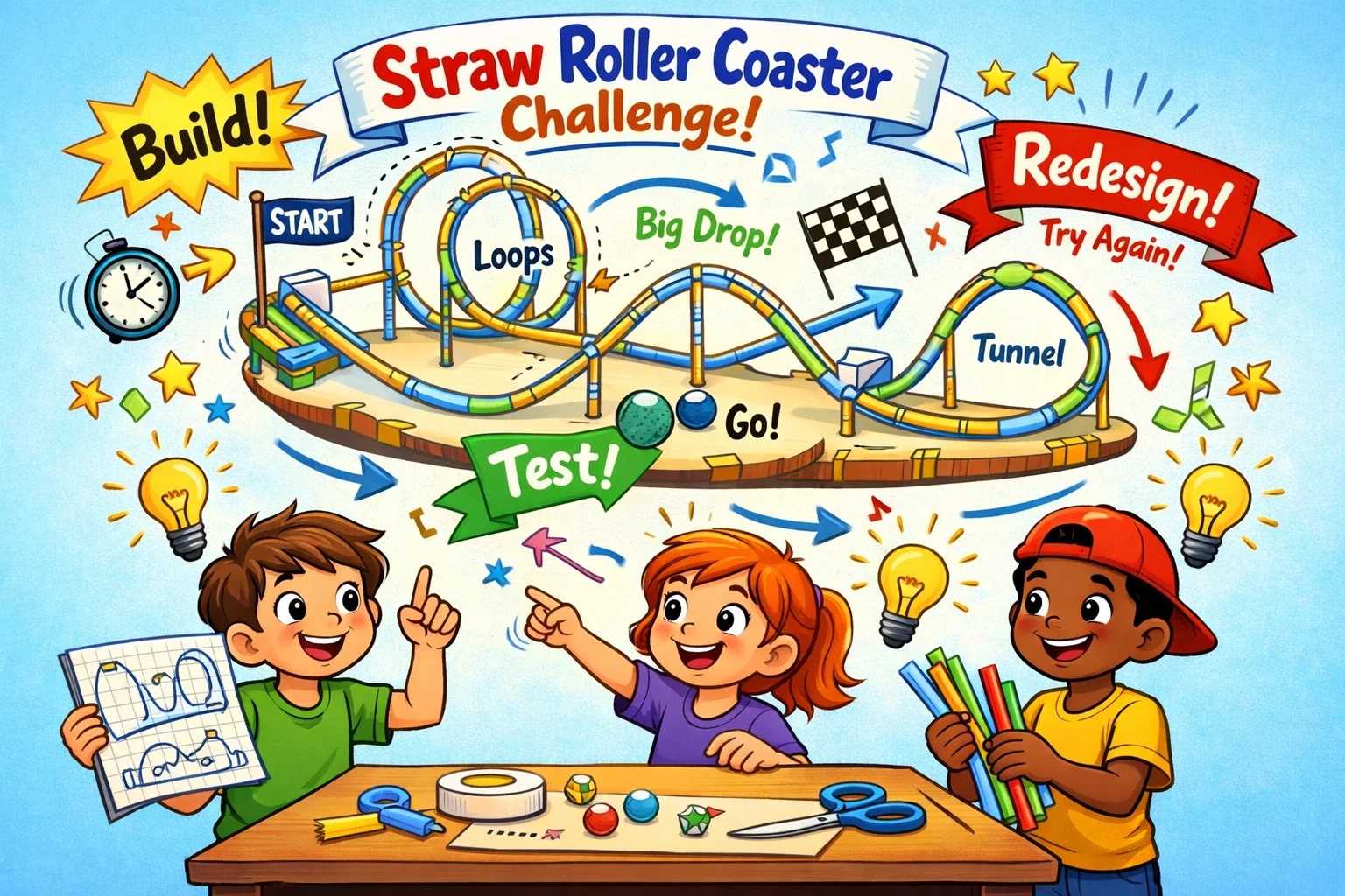 Straw roller coaster challenge overview with kids planning and testing marble tracks. Straw roller coaster challenge overview with kids planning and testing marble tracks.