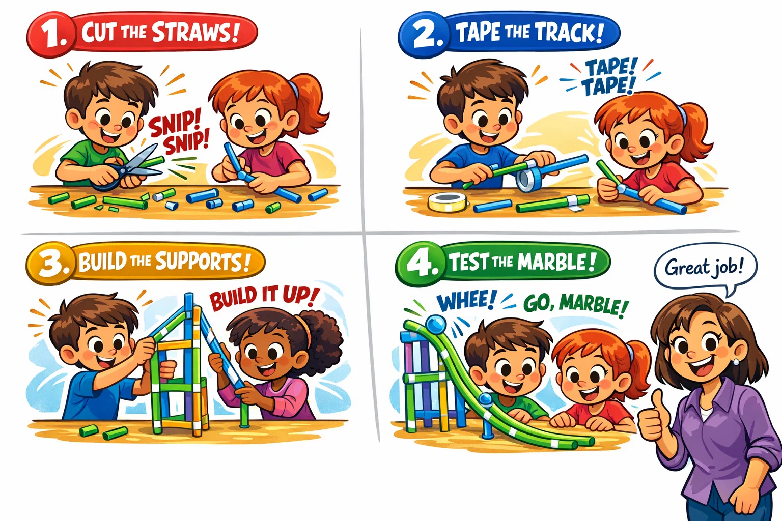 Straw roller coaster construction steps with kids building and testing marble runs. Straw roller coaster construction steps with kids building and testing marble runs.