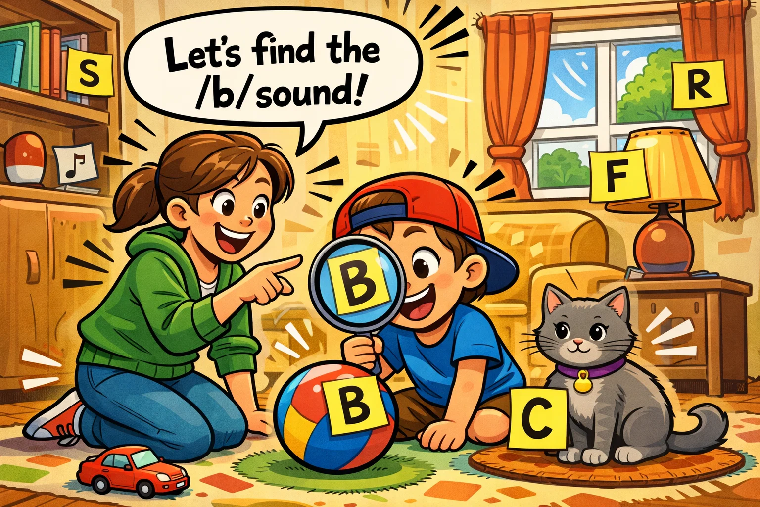 Parent supporting phonics learning at home with fun sound activities.
