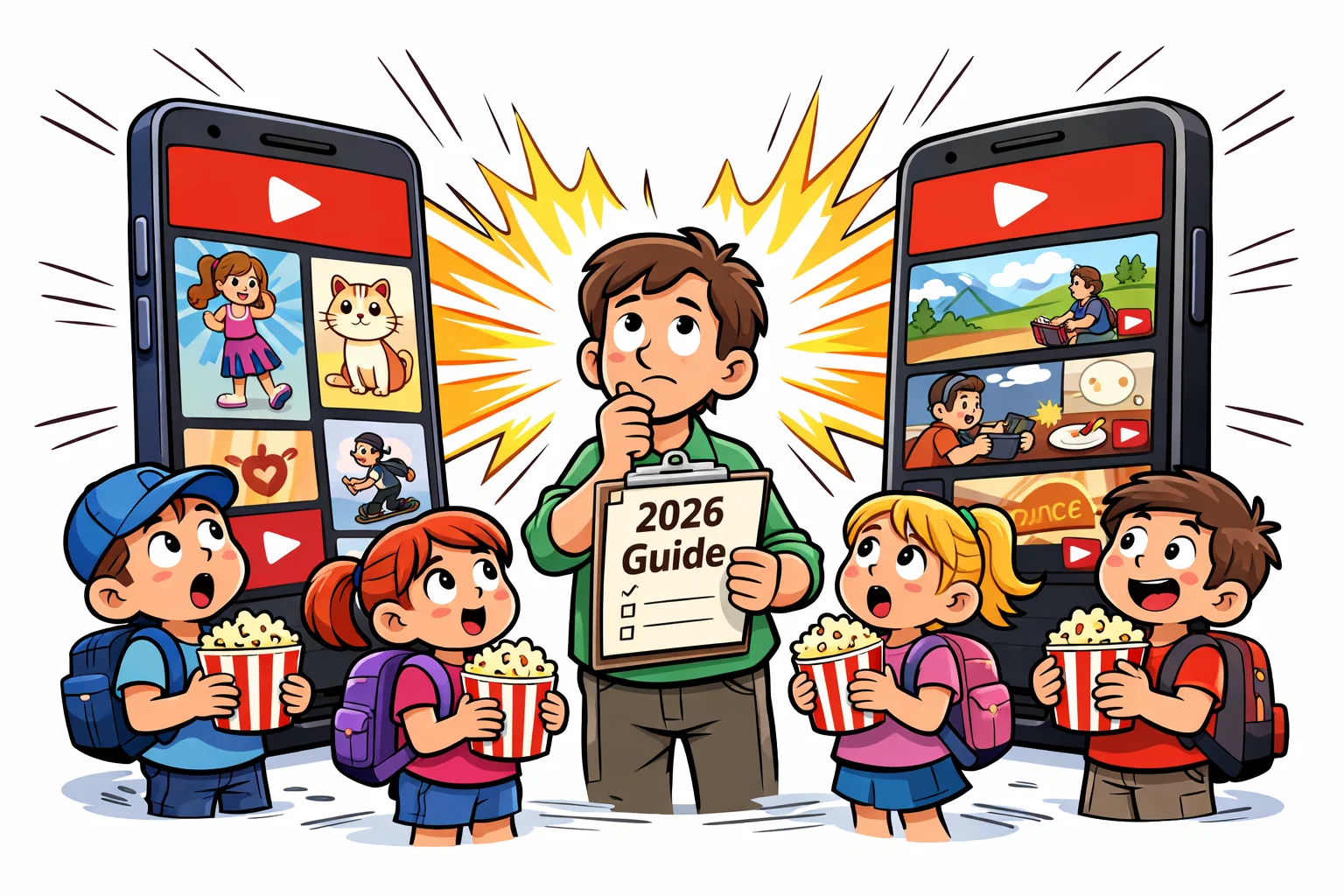 TikTok vs YouTube for kids 2026 comparison showing two apps and parent choosing.