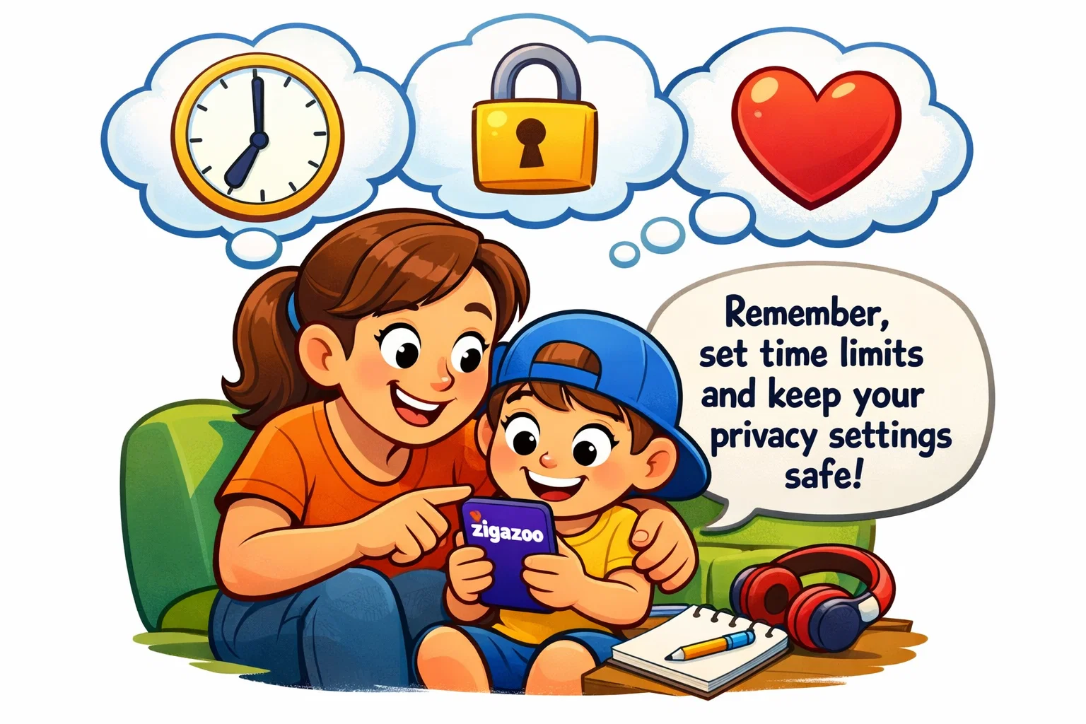Parents giving tips to their child on using Zigazoo app safely with parental controls.
