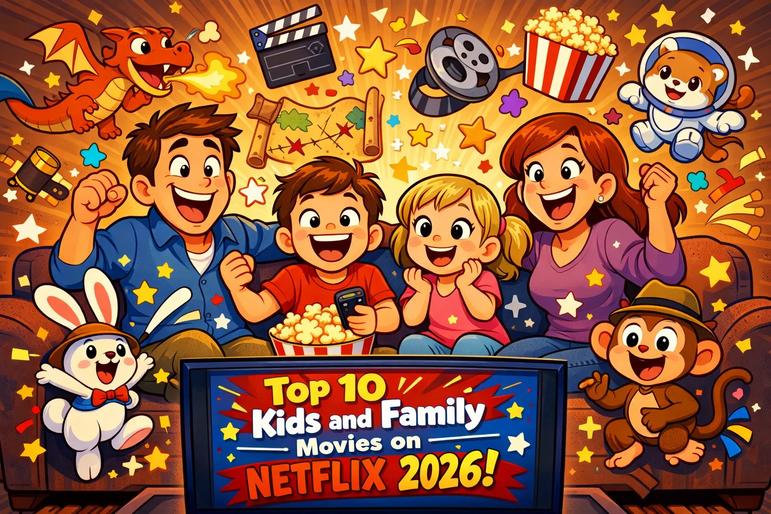 Top 10 kids family movies Netflix 2026 on TV during family movie night.