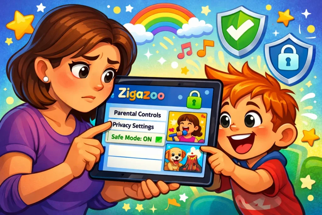 Kids enjoying Zigazoo app for kids with safety concerns highlighted in the classroom.
