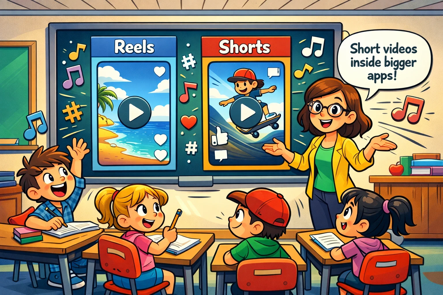 Illustration explaining what Instagram Reels and YouTube Shorts are for kids.