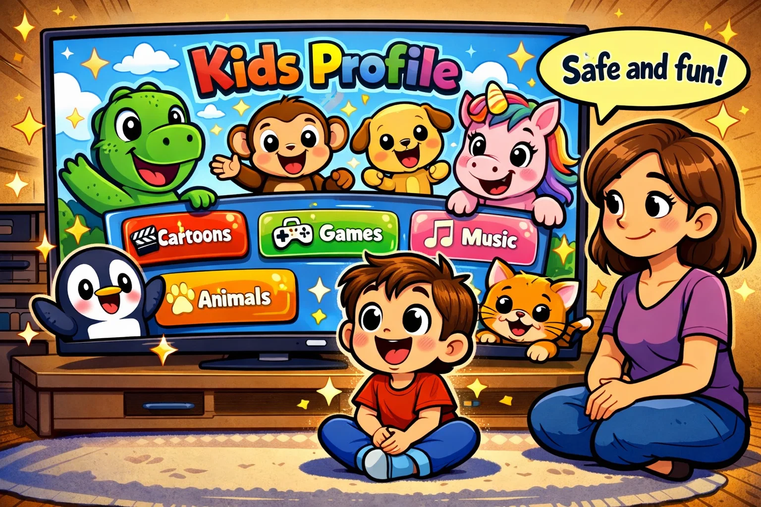 What is Netflix Kids profile interface with safe content and colorful design.
