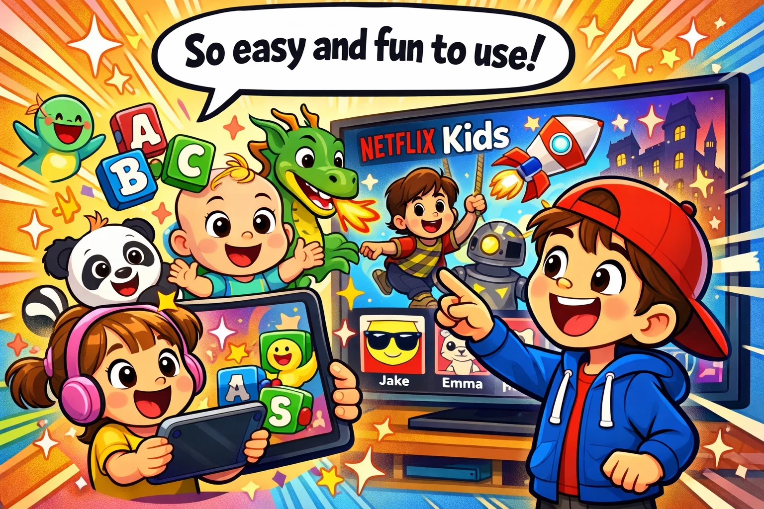 What Netflix Kids is like for children with colorful interface and fun shows.