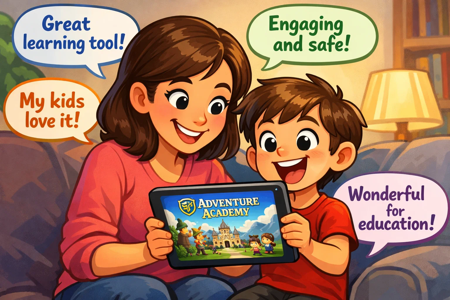 What parents are saying about Adventure Academy, showing positive feedback from a parent and child.