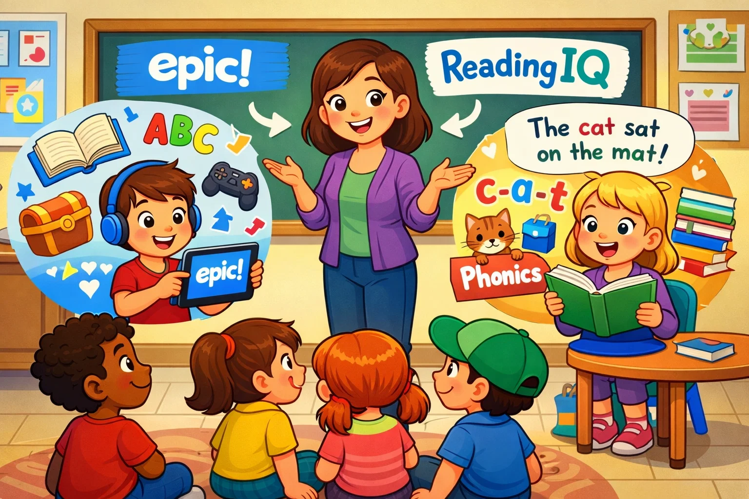 Illustration of kids learning with apps, focusing on education and fun elements.
