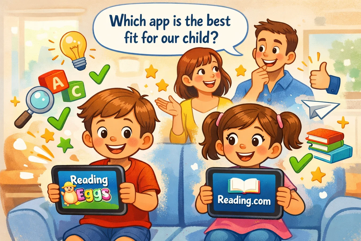 Family choosing between Reading Eggs and Reading.com apps for kids, in a cartoon scene.
