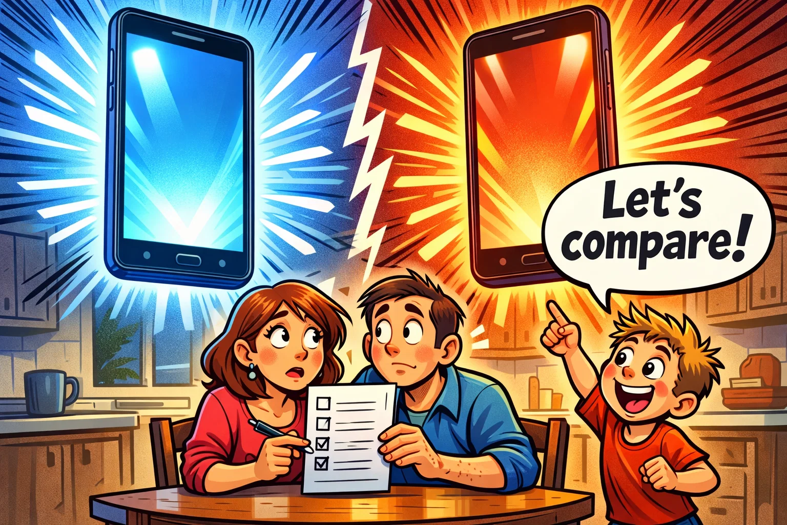 Parents comparing Kinzoo and JusTalk Kids safe messaging apps.