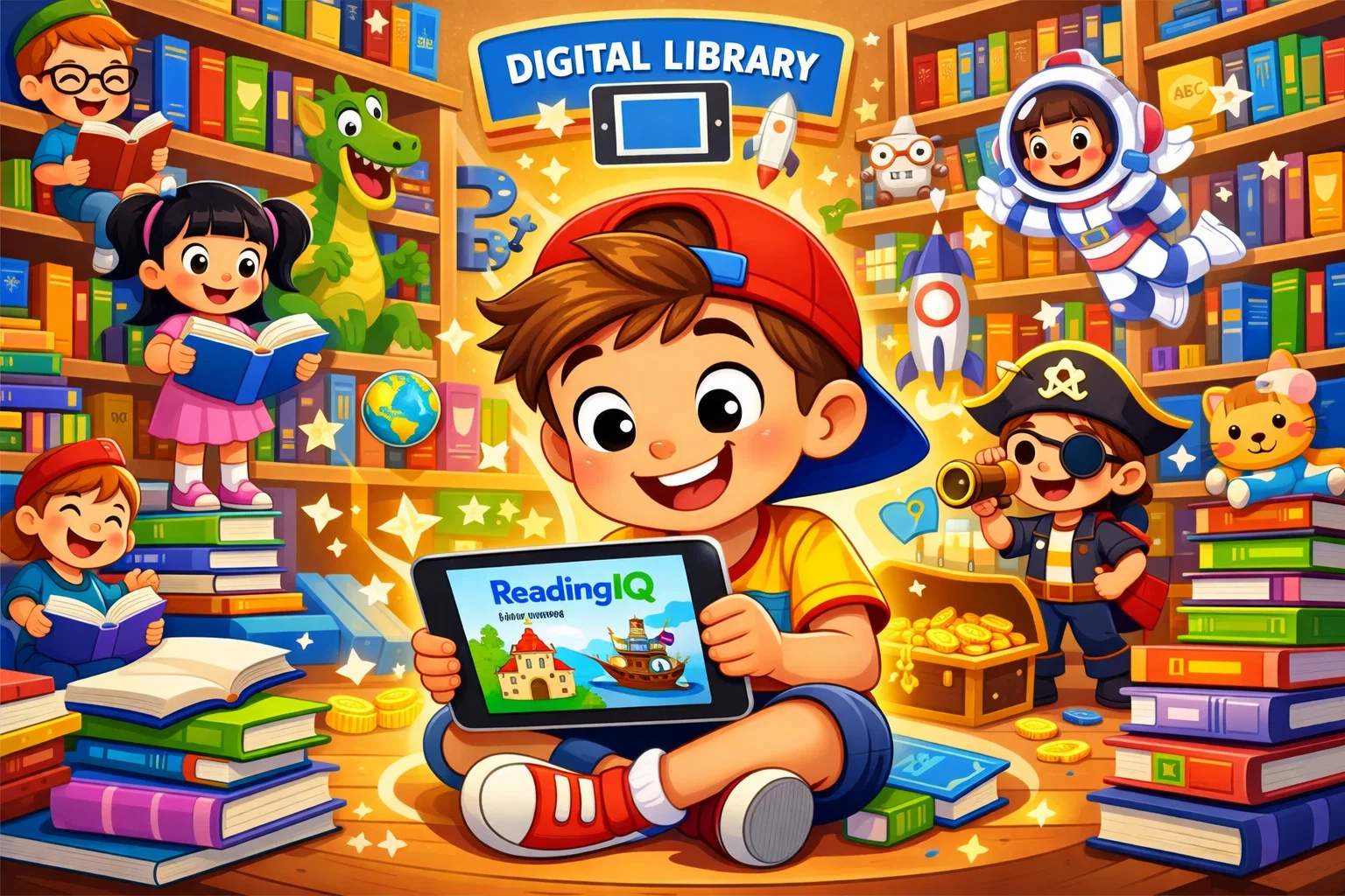 Cartoon of a parent and child reviewing ReadingIQ app, emphasizing its safety features and child-friendly design.