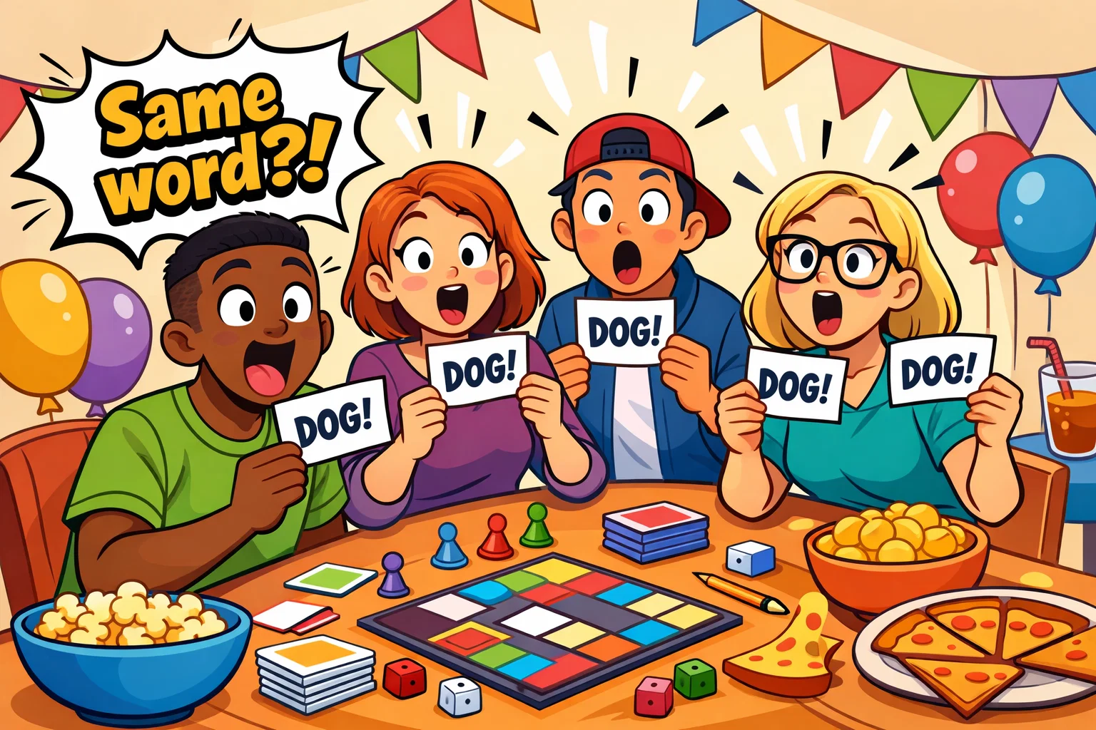 Word matching party game night with friends revealing same answers.