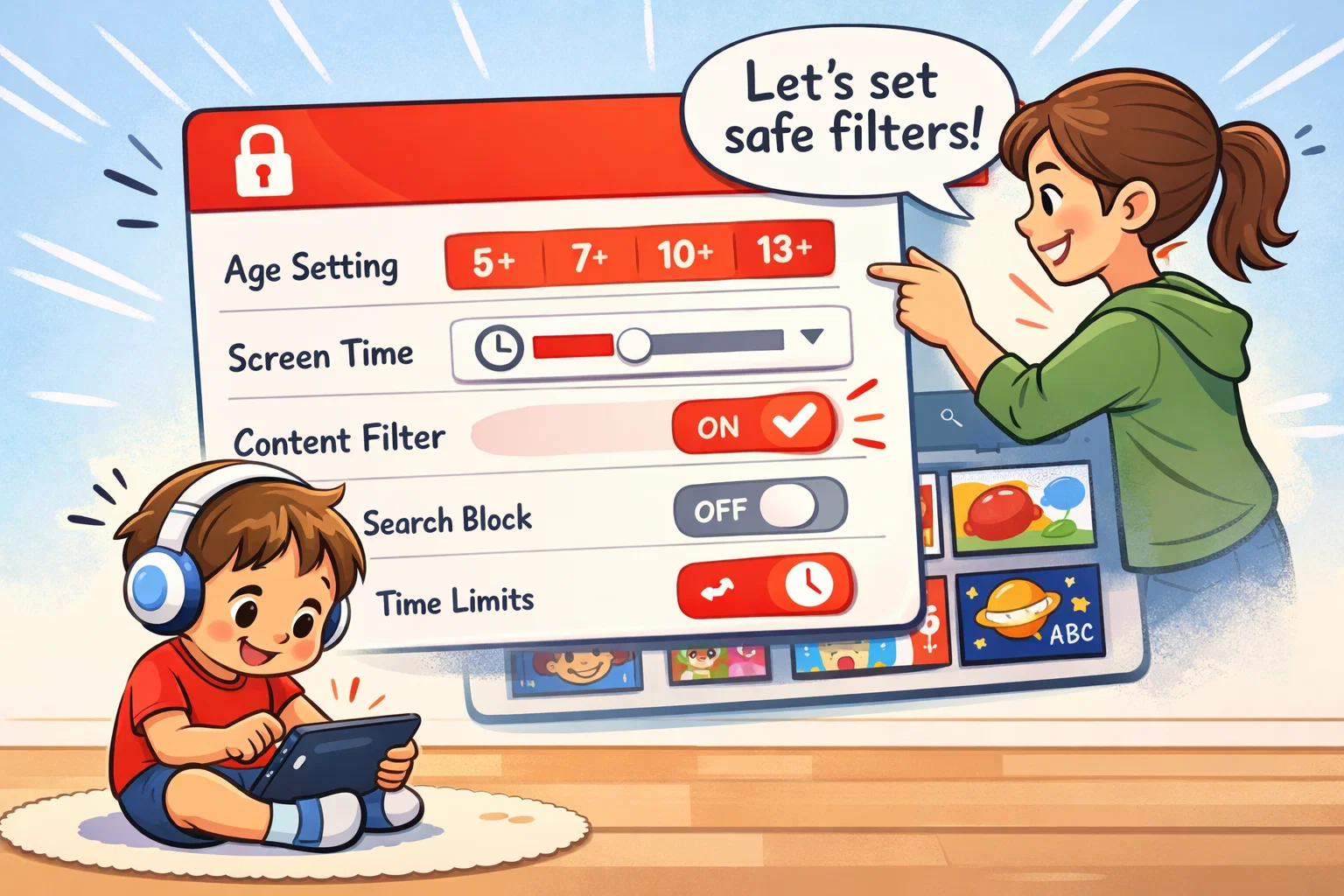 YouTube Kids overview with child interface and parental controls panel.

