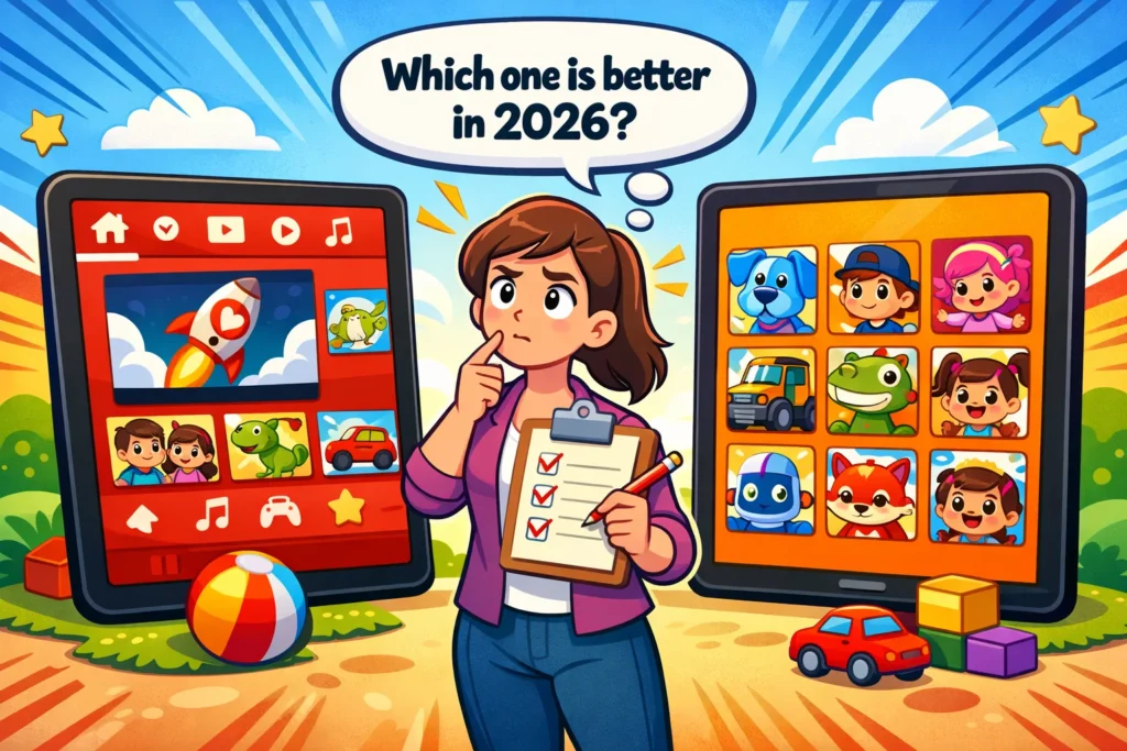 YouTube Kids vs Nick Jr 2026 app comparison for parents on tablet screens.