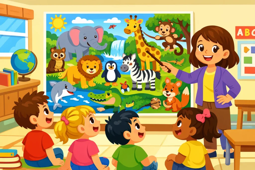 Top 100 animal names kids guide with children learning English animal words in class.
