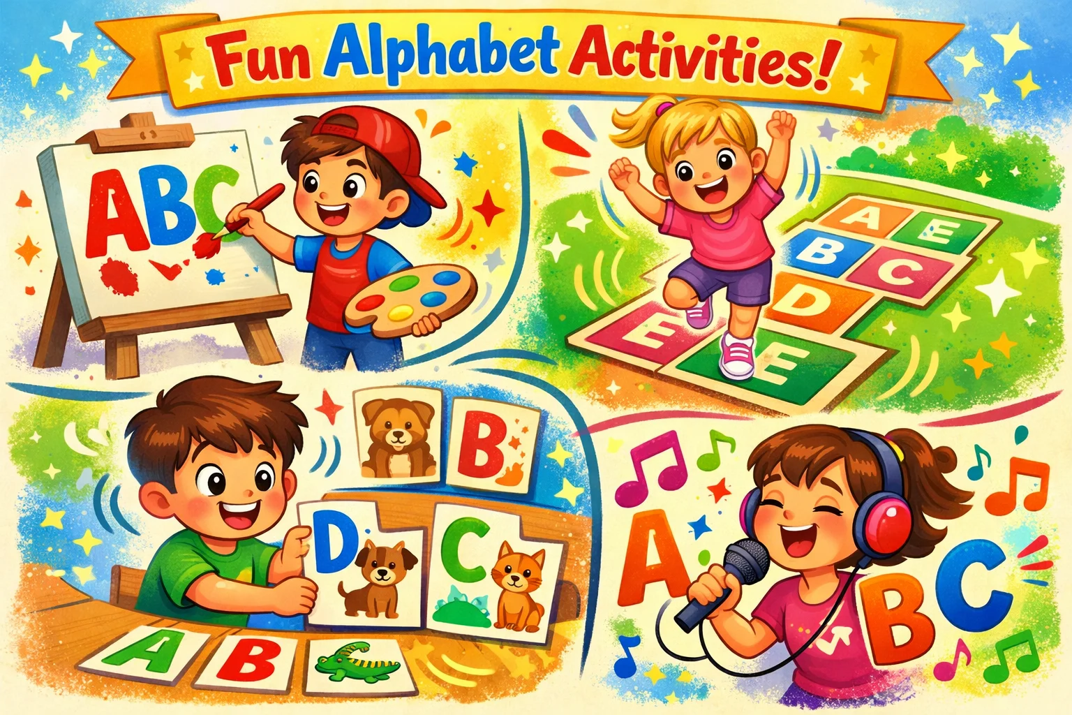 Fun and effective alphabet learning activities for kids including painting, games, and singing.
