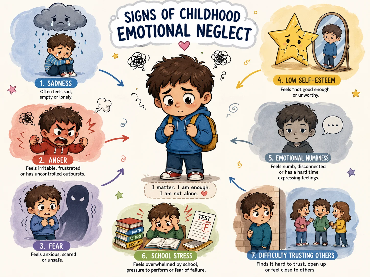 Fifteen signs of childhood emotional neglect shown around a sad child.