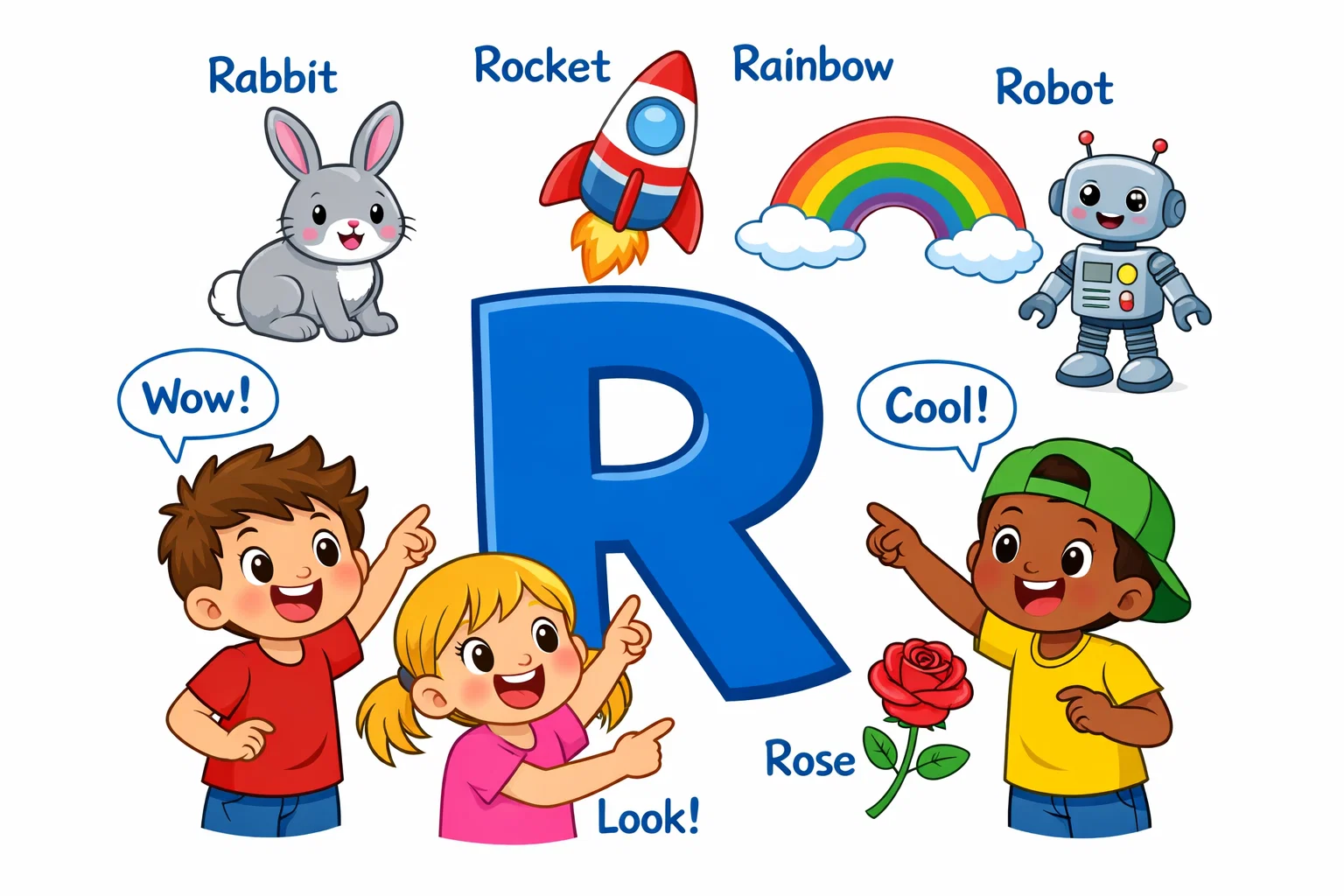 60 best R words for kids with cartoon children, rabbit, rocket, rainbow, and robot.
