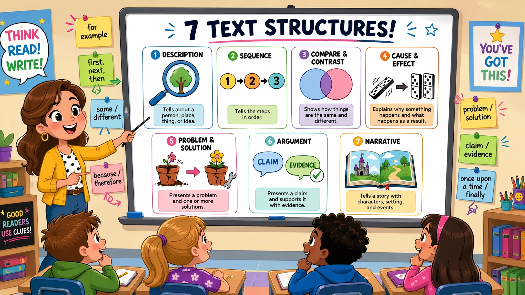 7 types text structure and signal words on classroom board with teacher and students.