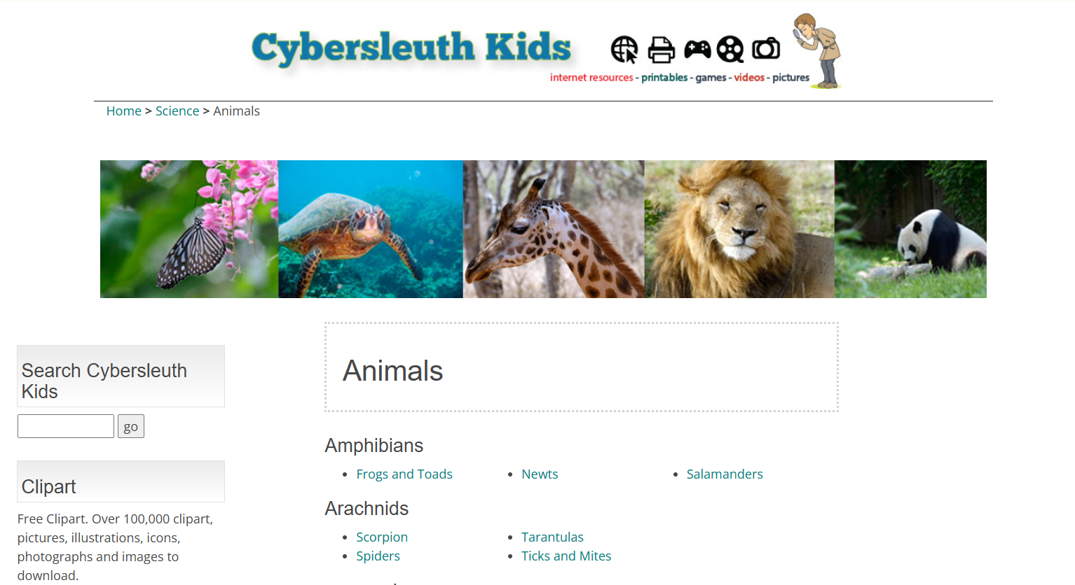 CyberSleuth Kids homepage with categorized subjects for safe student research.
