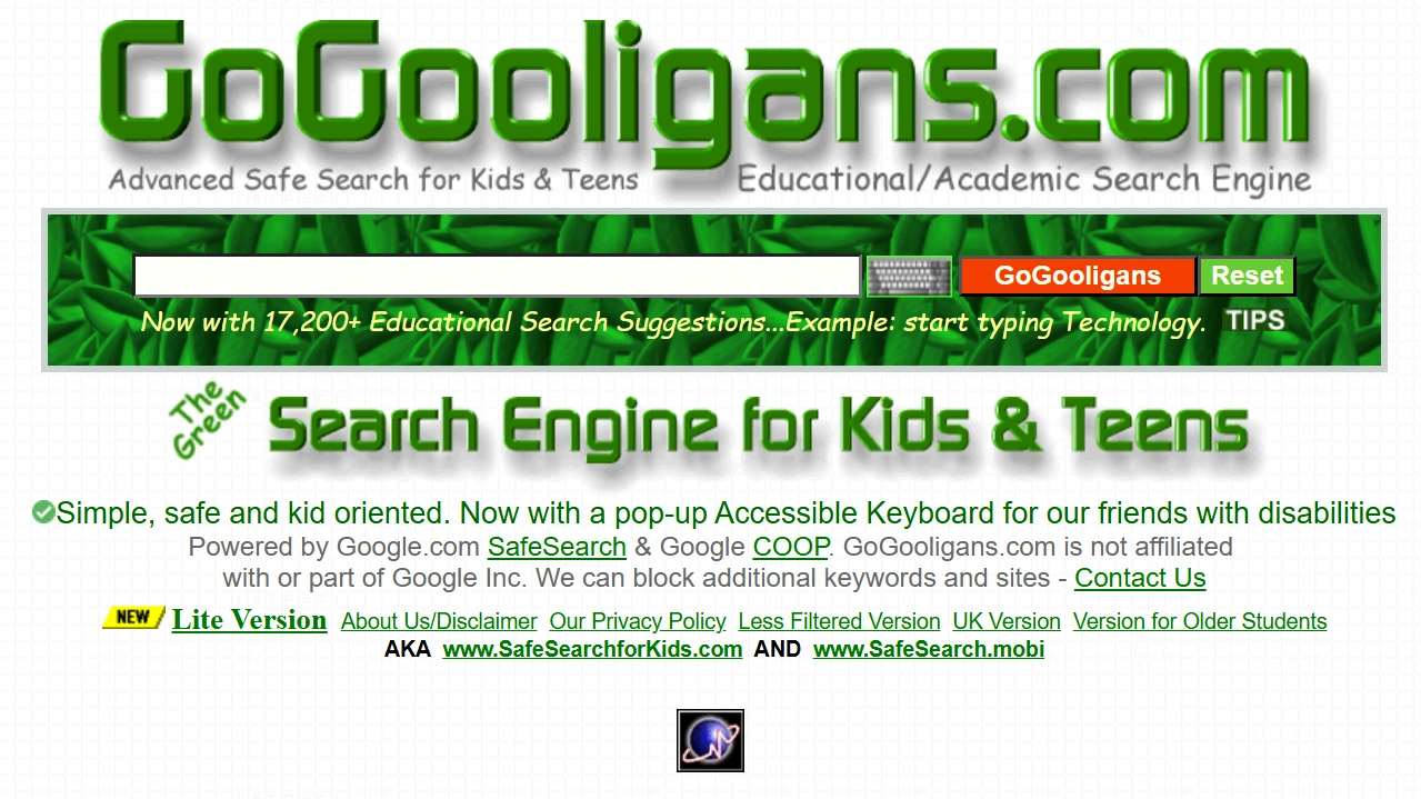 Gogooligans kids search homepage with clean layout and filtered search results.
