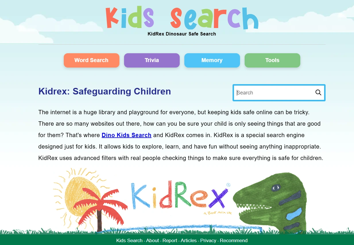 KidRex simple kids search engine homepage with basic safe search interface.
