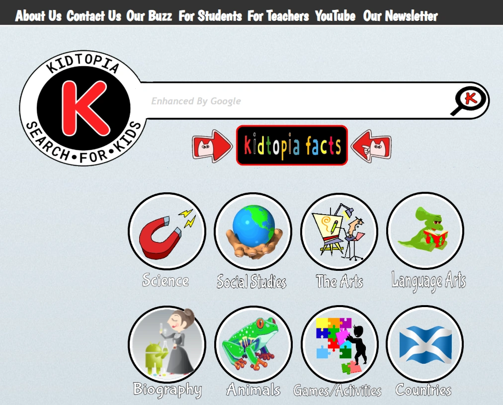  KidTopia curated kids search directory homepage with educational resources.
