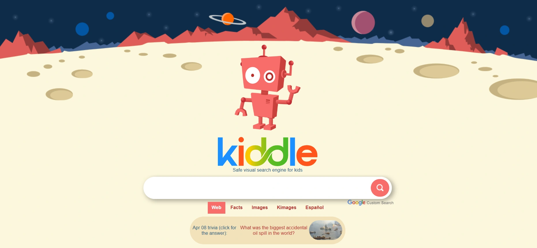  Kiddle kids search engine homepage with safe search results and simple interface.
