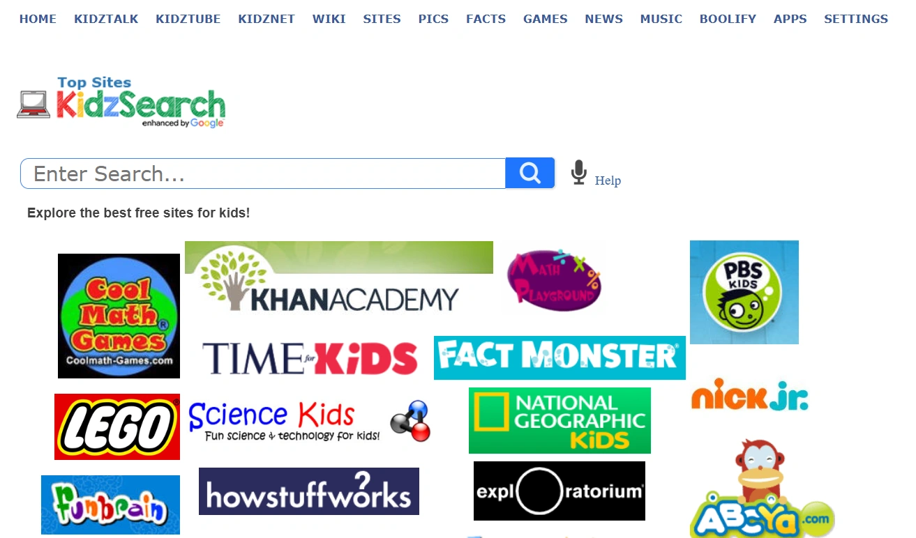  KidzSearch safe search engine homepage with educational tools and filtered results.
