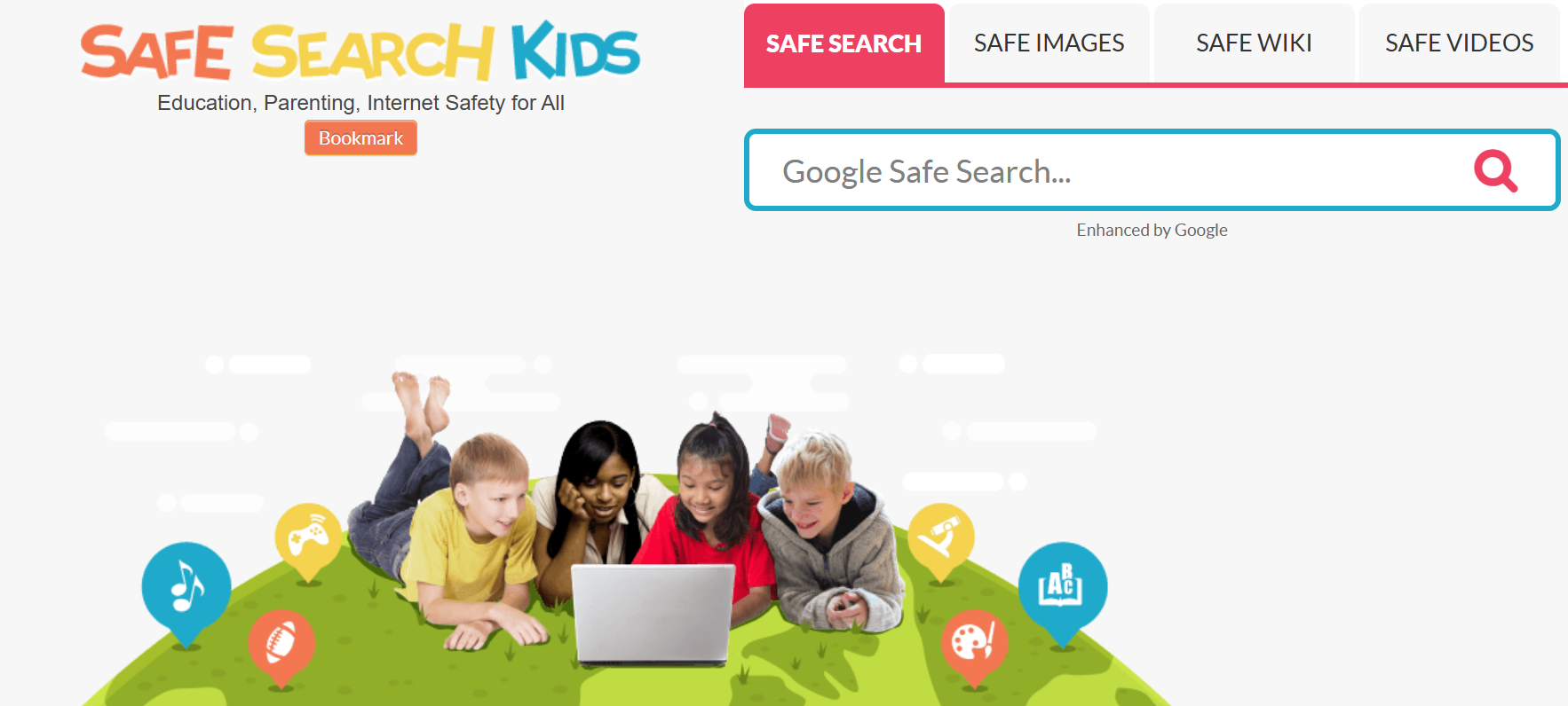 Safe Search Kids homepage showing child-friendly search and online safety features.
