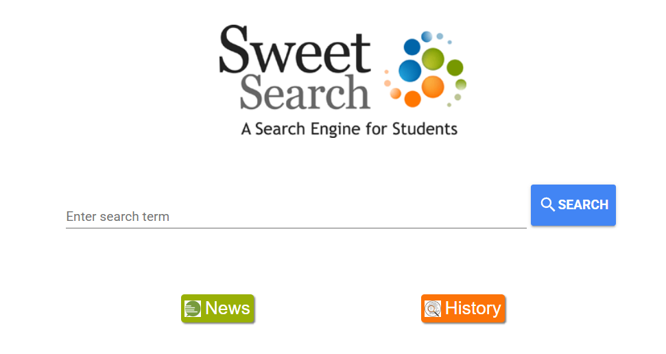 SweetSearch student search engine homepage with reliable academic resources.

