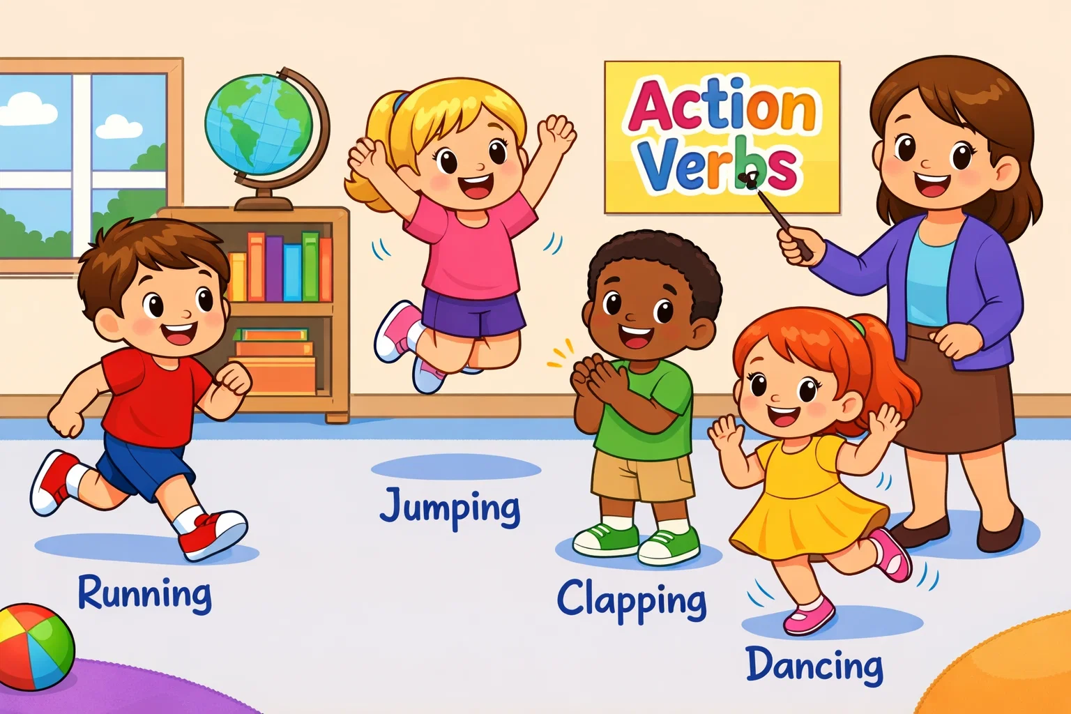Action verbs for kids classroom scene with children running, jumping, clapping, and dancing.
