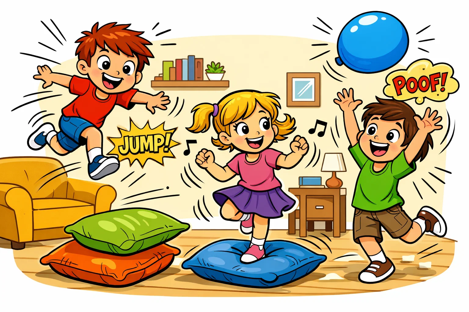 Active indoor games for kids with dancing and balloon play at home.