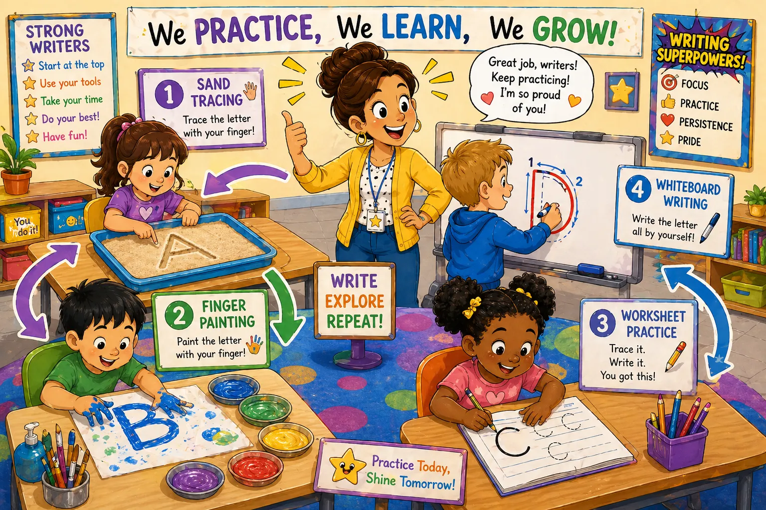 Activities to build letter writing skills in the kids classroom with tracing painting and hands on practice. 