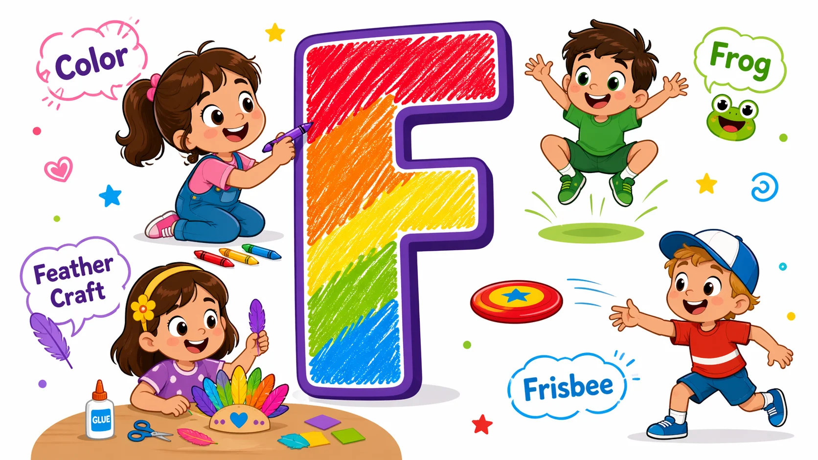 Activities that start with F for kids in a playful learning scene.
